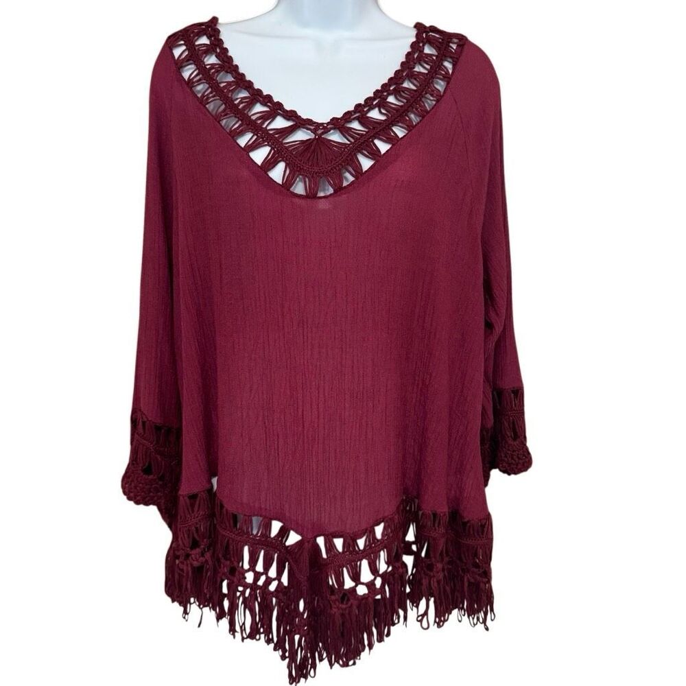 Vintage Y2K Boho Crochet Fringe Tunic Top XL Burgundy Rayon Blend